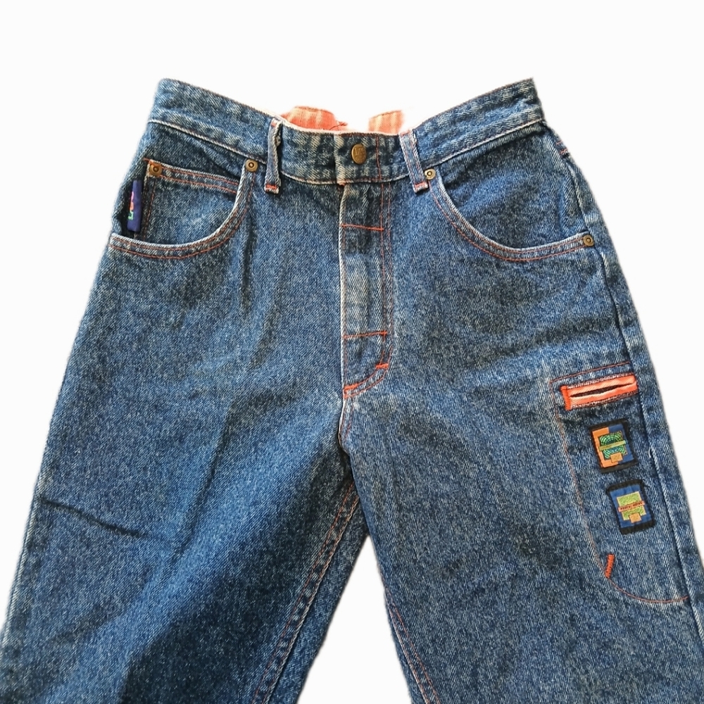 VTG Lee Radical Riders Size 14 Reg Jr. Denim Blue Jeans Embroidered Patches